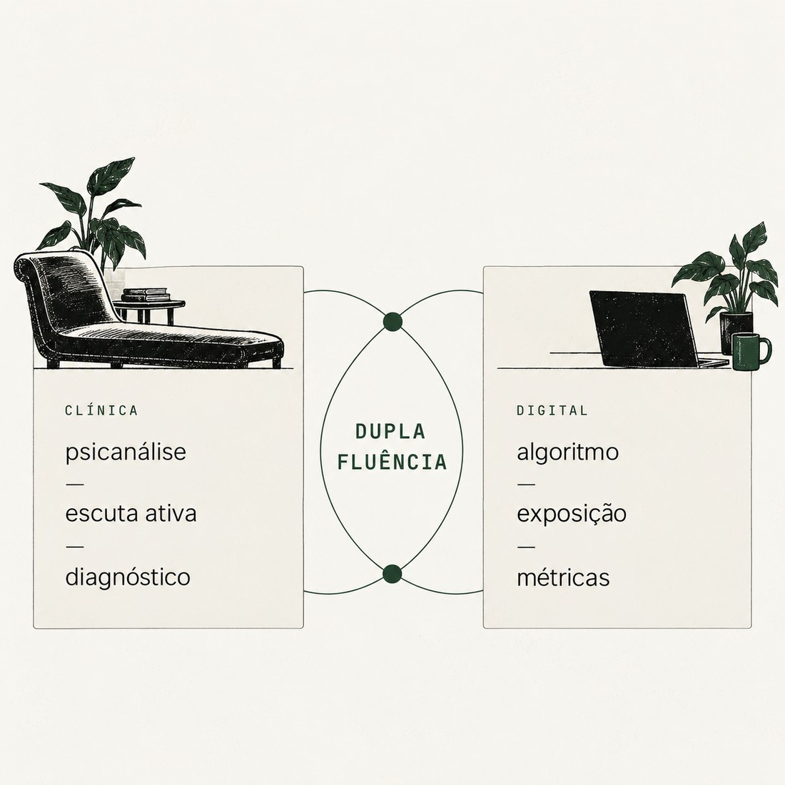 diagrama ilustrado comparando o registro clínico (divã, plantas, livros: psicanálise, escuta ativa, diagnóstico) e o registro digital (laptop, notificações: algoritmo, exposição, métricas), unidos ao centro pelo conceito de dupla fluência