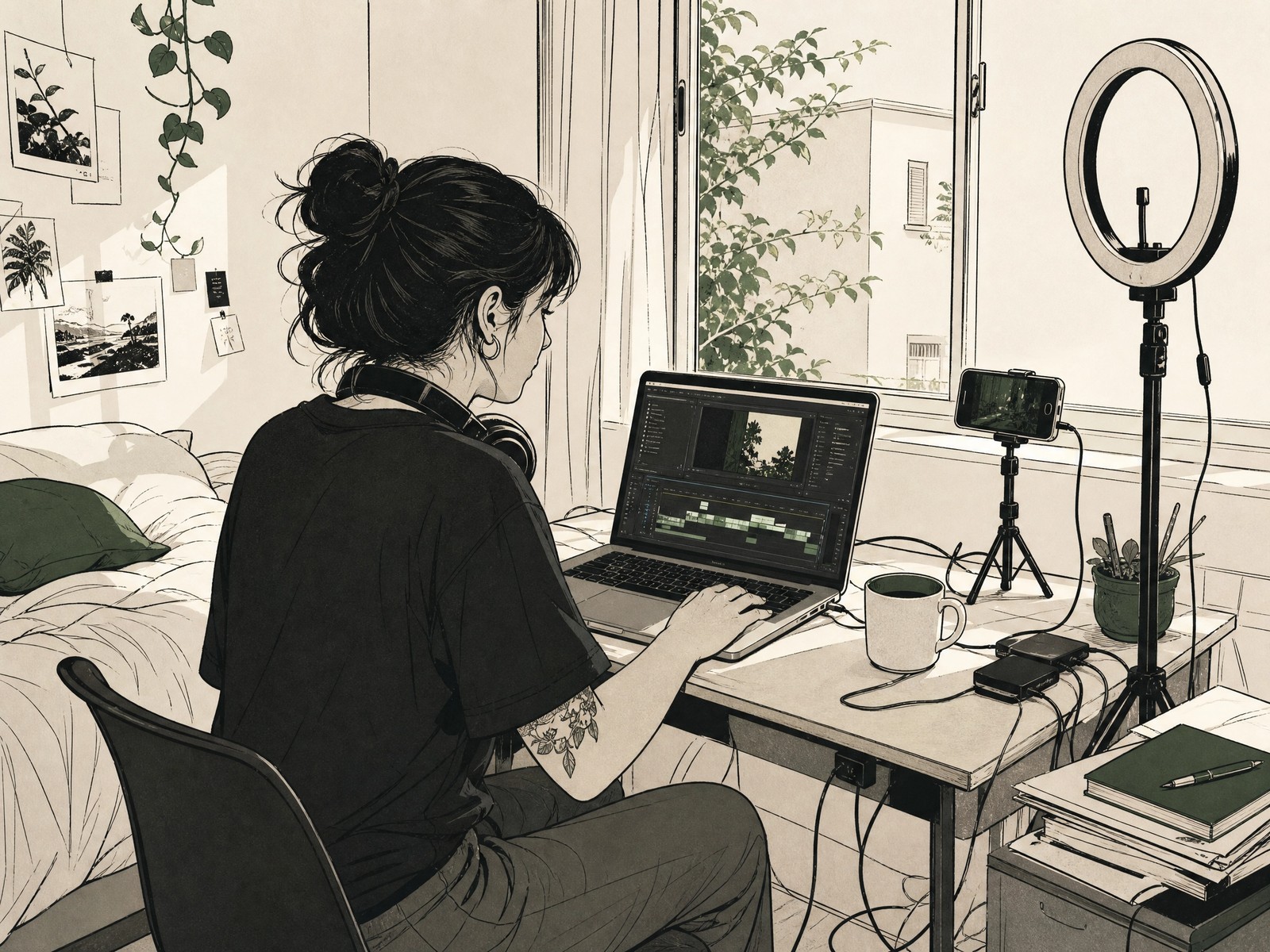 ilustração de uma creator gravando e editando em um quarto transformado em estúdio caseiro, luz natural de janela
